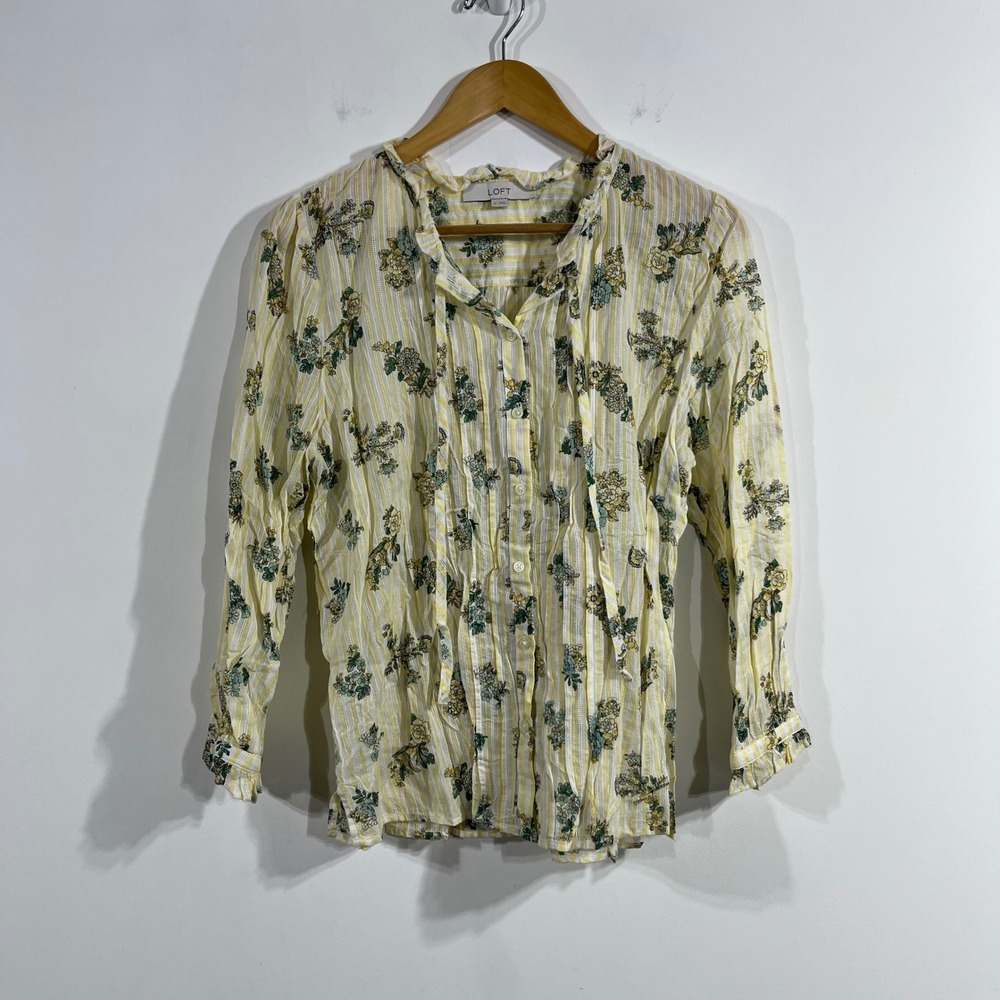 LOFT Peasant Sheer Butter Yellow Floral Striped Button Down Top Womens Medium